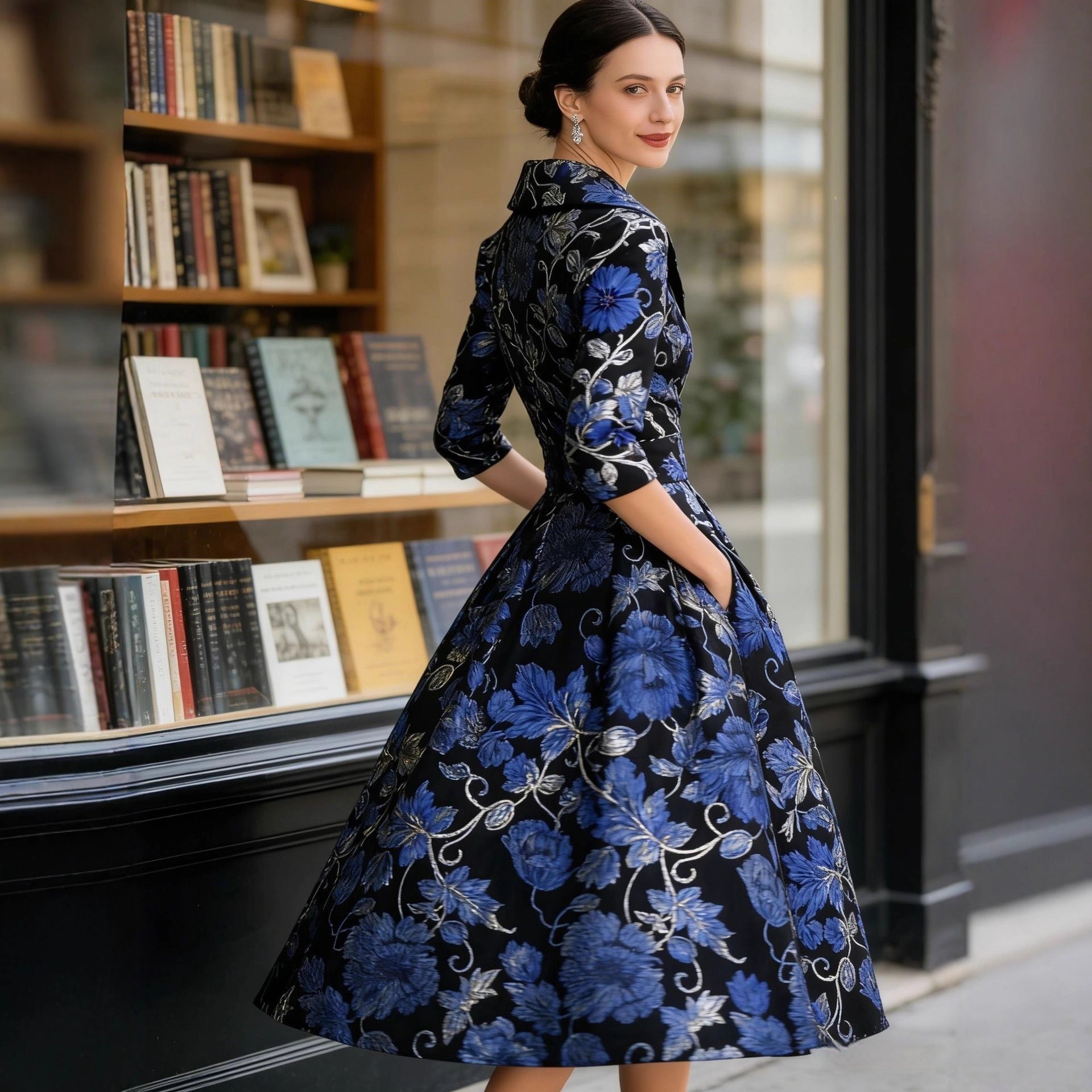 Elegant Womens V-Neck Long-Sleeve Dress With A Floral Creative Retro 3D Digital Print