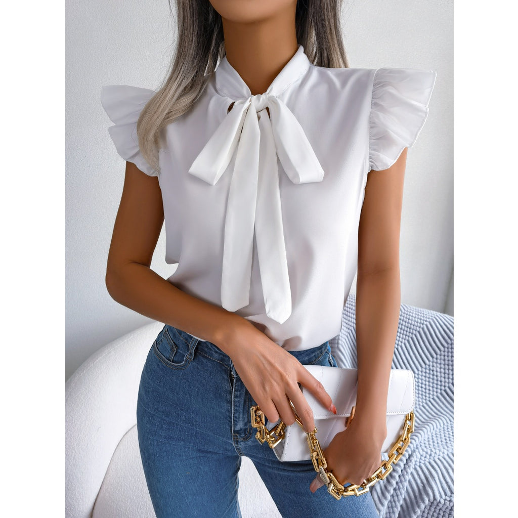 Women  Elegant Commute Ruffle Trim Tie Bow Chiffon Top