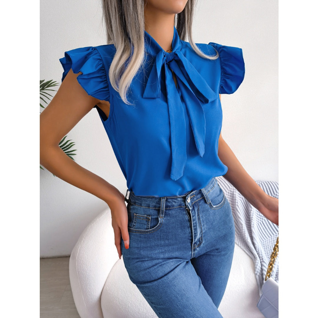 Women  Elegant Commute Ruffle Trim Tie Bow Chiffon Top