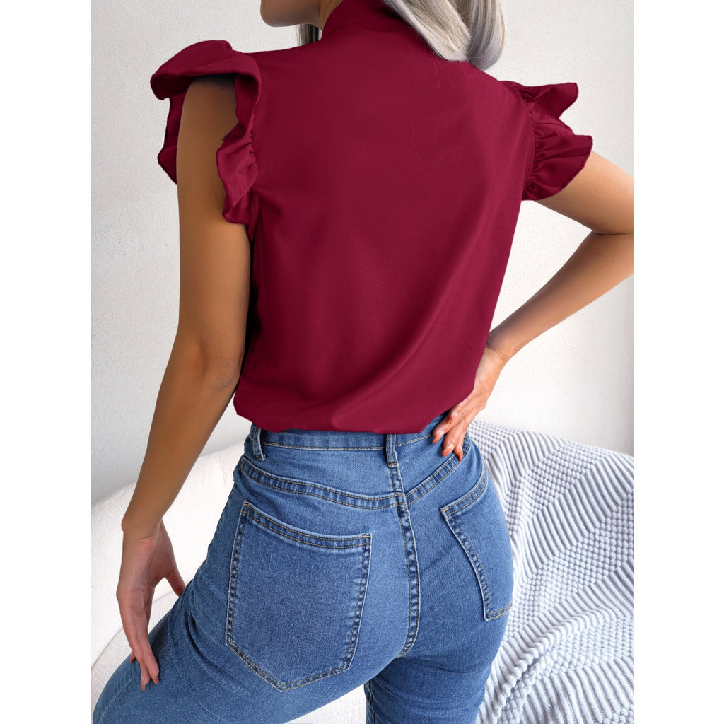 Women  Elegant Commute Ruffle Trim Tie Bow Chiffon Top