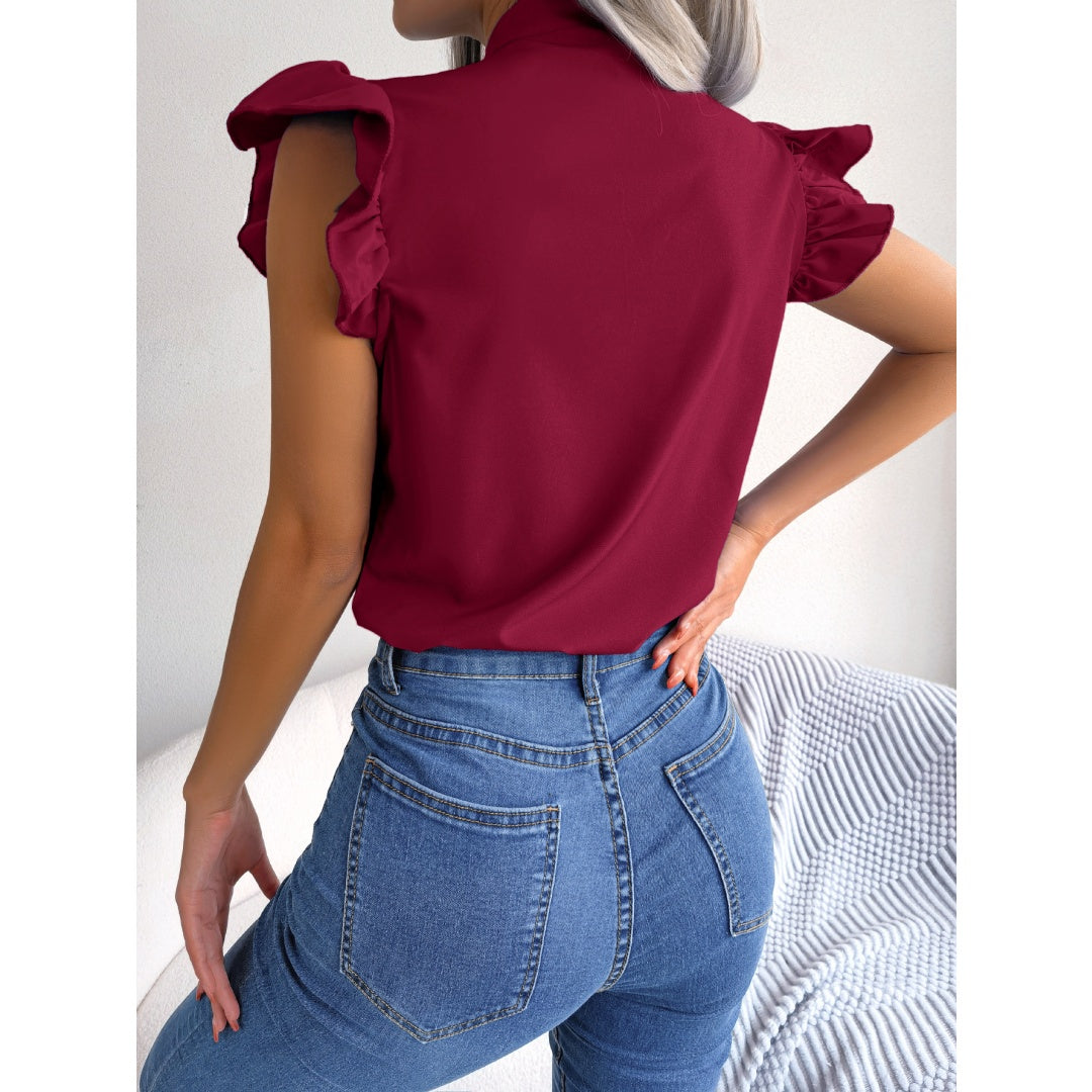 Women  Elegant Commute Ruffle Trim Tie Bow Chiffon Top