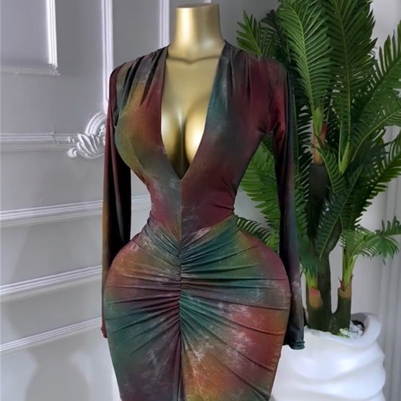 Printed V-neck Long-sleeve High-waist Figure-flattering Sheath Dress