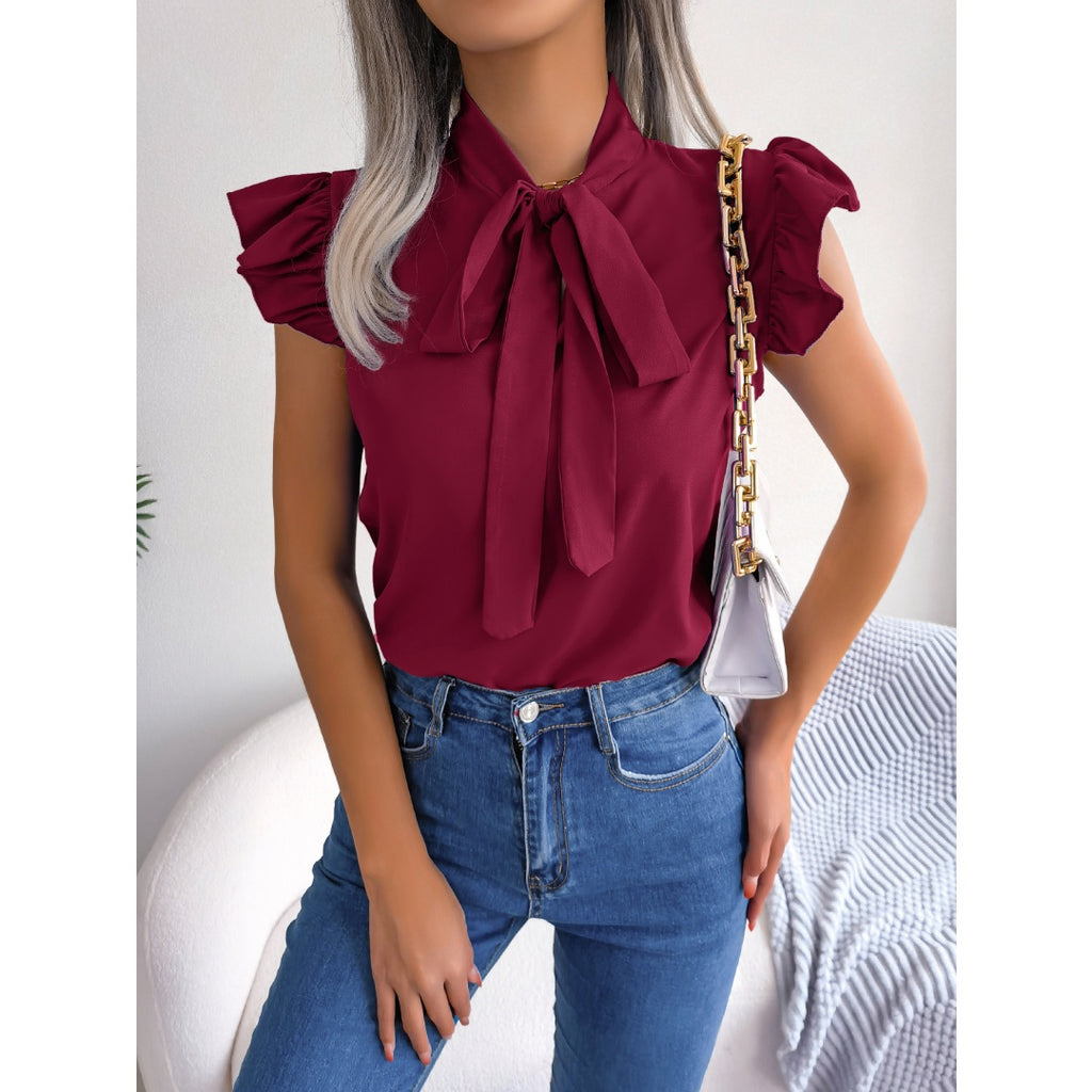 Women  Elegant Commute Ruffle Trim Tie Bow Chiffon Top