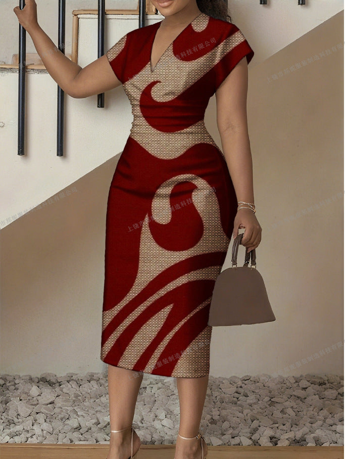 New Floral V-Neck Sheath Short-Sleeve Dress For Women